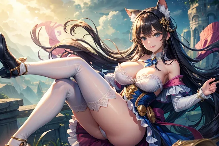 masterpiece、highest quality、Super high quality、8k、realistic、1 Beautiful Girl、Drooping eyes、gentle expression、smile、Generous、Wizard Cosplay、witch、off shoulder、flashy tight skirt、knee-high socks with frills、magic wand、dynamic pose、Angle of movement、sexy body...