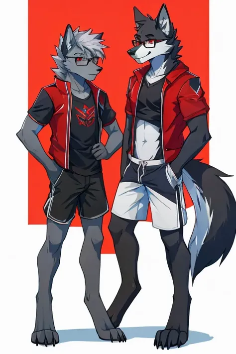 anthropomorphic, male, red eyes, silver hair, wolf, hellhound, (((1boys))), (((black shirt))), (white capri shorts), (red jacket), handsome, grey skin, long digitigrade legs, smiling, (glasses), slender