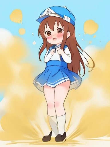 Platelets、8K、must-have、anime、fart、shyness、blush、a lot of gas、Gas comes out of the butt、animeチック、full body photo、、White cap、brown hair、long hair、Kindergarteners、blue all-in-one outfit、skirt、Are standing