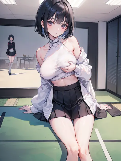 (Detailed Japanese school:1.2).(lean forward:1.4).(1 girl:1.4),(alone:1.2).(view viewer:1.4). NSFW.bob cut. (skinny:1.7). (slim legs:1.6).angelic smile.white knit.(black short skirt:1.3).classroom.(big breasts:1.3). black hair.(long legs:1.4).(center of sc...