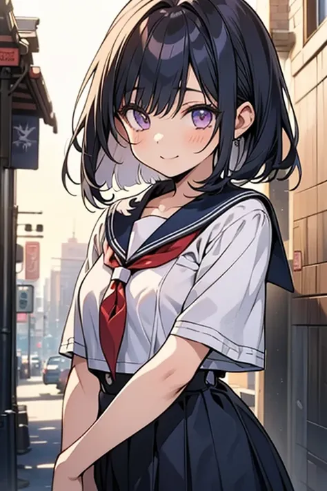 （masterpiece），（highest quality），（very detailed），（enlightenment），（ultra high resolution）, Anime adult girl with black hair and wearing a sailor suit, navy blue sailor uniform, anime style, 2D rendering of anime girl, realistic young anime girl, Smooth anime...