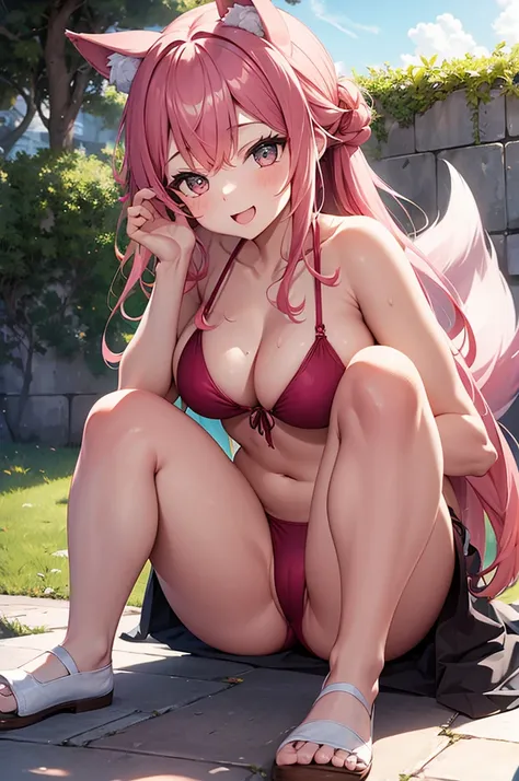 Happy woman, with wolf ears and pink hair, holding her cheeks, wolf tail, wearing a bikini, looking at veiwer, full body