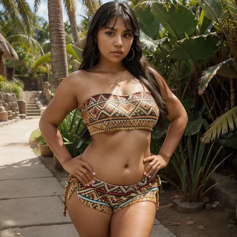 Chel the road to el dorado, tanned skin, curvy, Aztec woman, Hime cut, plump lips, Chel, tube top, Chel outfit, sassy, Aztec clothes