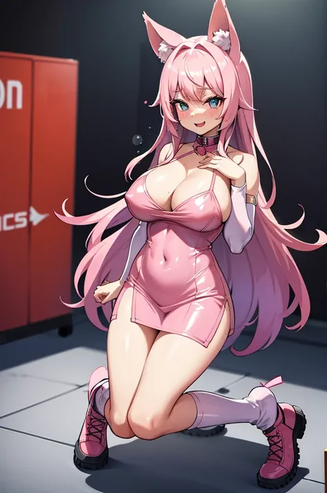 Happy woman, with wolf ears and pink hair, holding her cheeks, wolf tail, wearing a latex dress, looking at veiwer, full body, you can see her chest, naked breasts