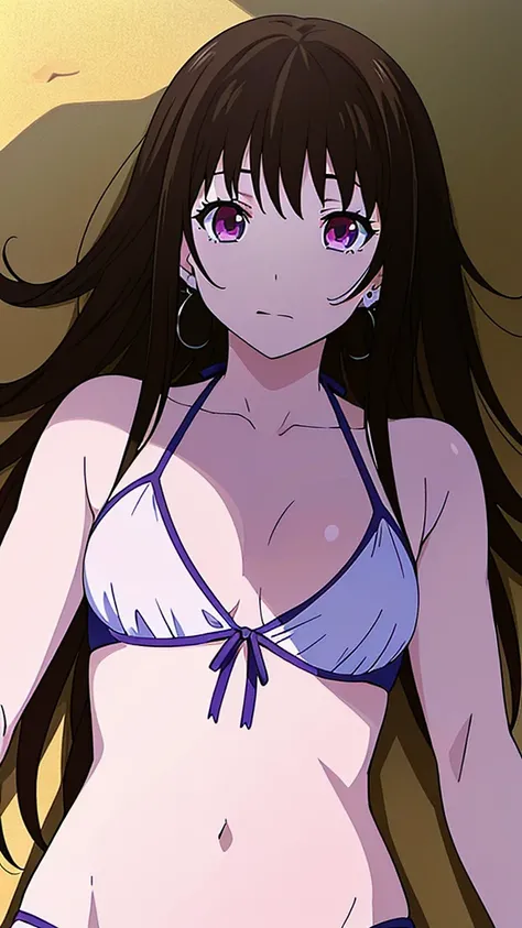 masterpiece, best quality, 1 solo girl, dark brown hair, purple eyes, wavy hair, long hair, medium breasts, mature body and face, white bikini, jewelry, hair ornament, earrings, ball, lying at the sand, white sand, summer, cowboy shots, sexy pose, dakimaku...