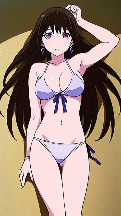 masterpiece, best quality, 1 solo girl, dark brown hair, purple eyes, wavy hair, long hair, medium breasts, mature body and face, white bikini, jewelry, hair ornament, earrings, ball, lying at the sand, white sand, summer, cowboy shots, sexy pose, dakimaku...