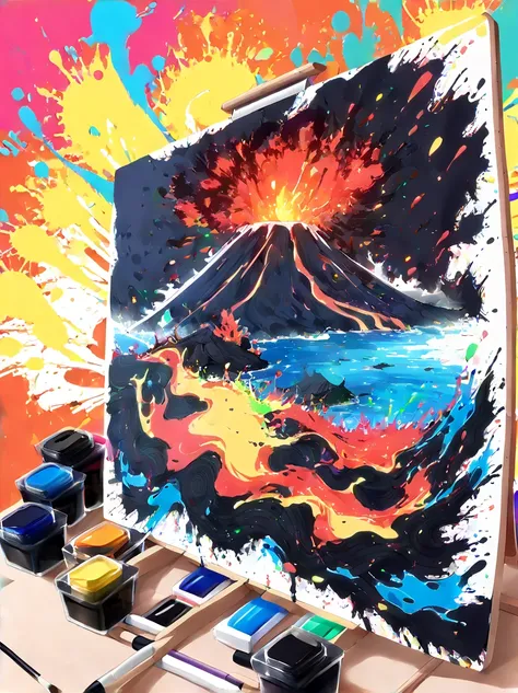 whimsical vibe，an underwater world，((undersea volcano eruption on 1 drawing board with magma and lava splashes made of ink:1.6))...