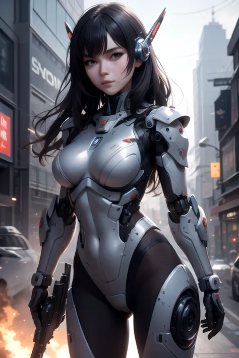 araffe woman in a futuristic suit with a gun in her hand, girl in mecha cyber armor, mechanized soldier girl, cgsociety and feng...