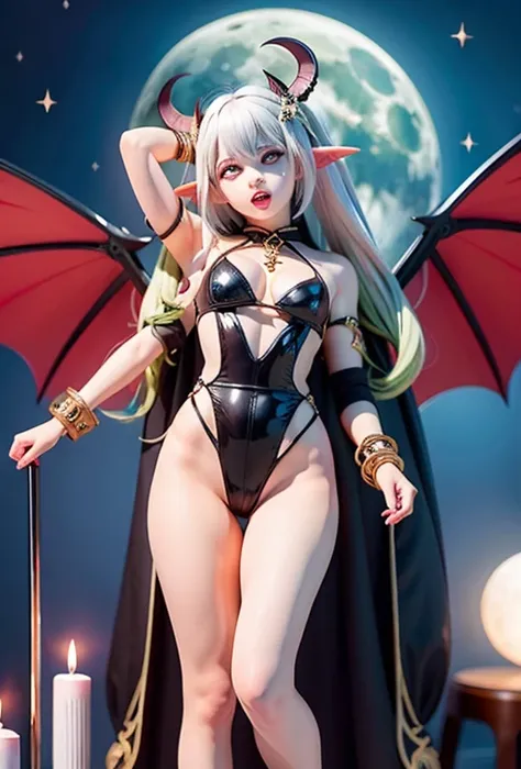 High resolution、High level image quality、8K、real live action、Raw photo、highest quality、masterpiece、16 year old succubus girl、unparalleled beauty、devil&#39;s black horns on head、young face、(((beautiful girl)))、long pointed ears、wear bat wings、demon tail、Fan...