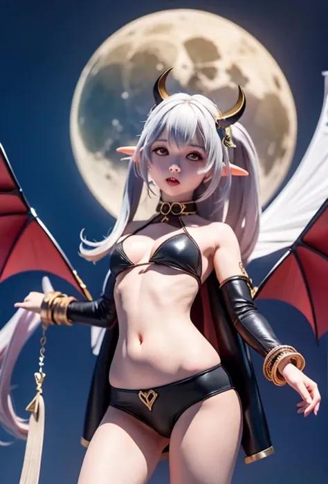 High resolution、High level image quality、8K、real live action、Raw photo、highest quality、masterpiece、16 year old succubus girl、unparalleled beauty、devil&#39;s black horns on head、young face、(((beautiful girl)))、long pointed ears、wear bat wings、demon tail、Fan...