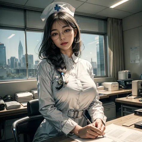 masterpiece, best quality, 1 Koreana girl with gray hair and blue eyes, wearing large, round, clear glasses, delicately sits at a desk in a hospital, gorgeous masterpiece of a nurse, beautifully detailed uniform, finely detailed uniform texture pokes throu...