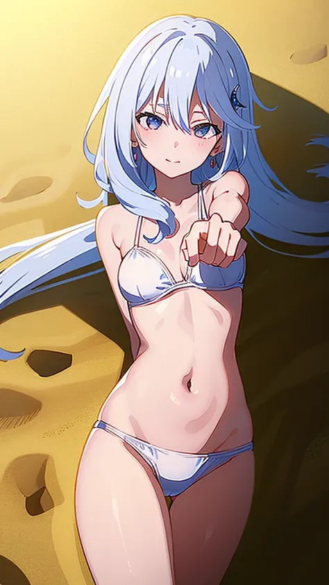 masterpiece, best quality, 1 solo girl, white hair, purple eyes, wavy hair, long hair, medium breasts, mature body and face, white bikini, jewelry, hair ornament, earrings, ball, lying at the sand, white sand, summer, cowboy shots, sexy pose, dakimakura, d...