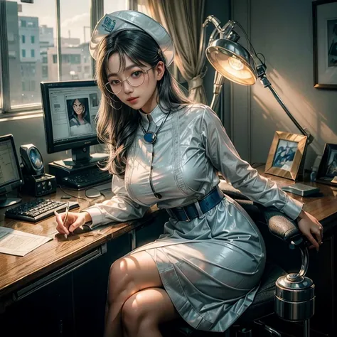 masterpiece, best quality, 1 Koreana girl with gray hair and blue eyes, wearing large, round, clear glasses, delicately sits at a desk in a hospital, gorgeous masterpiece of a nurse, beautifully detailed uniform, finely detailed uniform texture pokes throu...