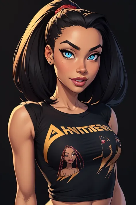 (cartoon style:1.2), Drawings of ([African Woman]), wearing black T-shirt, perfect eyes, detailed face, black background, fun posing, flirty look, Centered, scale to fit the dimensions