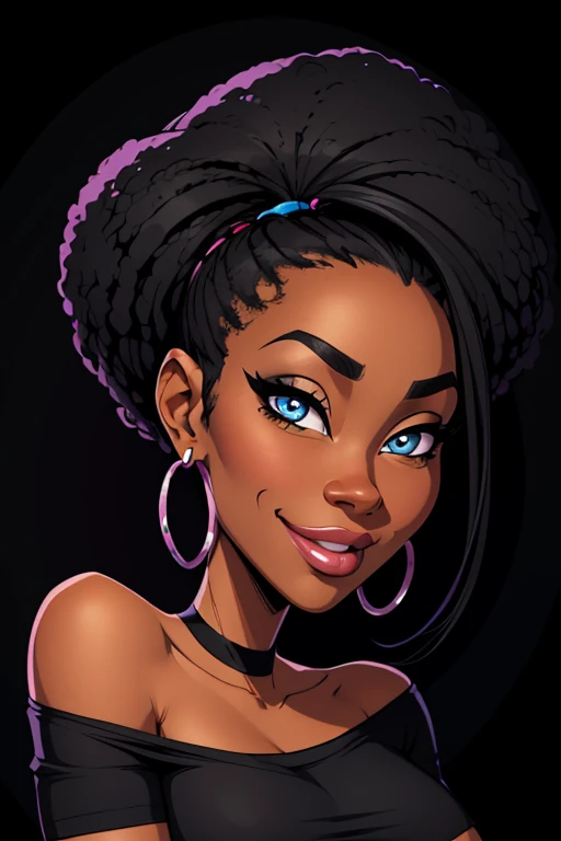 (cartoon style:1.2), Drawings of ([African Woman]), wearing black T-shirt, perfect eyes, detailed face, black background, fun posing, flirty look, Centered, scale to fit the dimensions