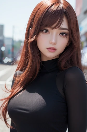 1 girl, star eye, blush, perfect lighting, redhead, red eyes, phantom engine, side lighting, detailed face, bangs, bright skin, simple background, dark background、leaning forward、big breasts thin waist、thin thighs、rich bust、Close one eye to the viewer、shor...