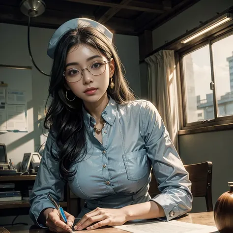 masterpiece, best quality, 1 Koreana girl with gray hair and blue eyes, wearing large, round, clear glasses, delicately sits at a desk in a hospital, gorgeous masterpiece of a nurse, beautifully detailed uniform, finely detailed uniform texture pokes throu...