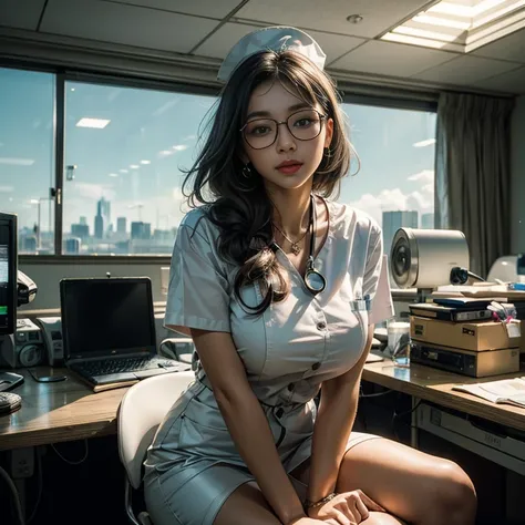 masterpiece, best quality, 1 Koreana girl with gray hair and blue eyes, wearing large, round, clear glasses, delicately sits at a desk in a hospital, gorgeous masterpiece of a nurse, beautifully detailed uniform, finely detailed uniform texture pokes throu...