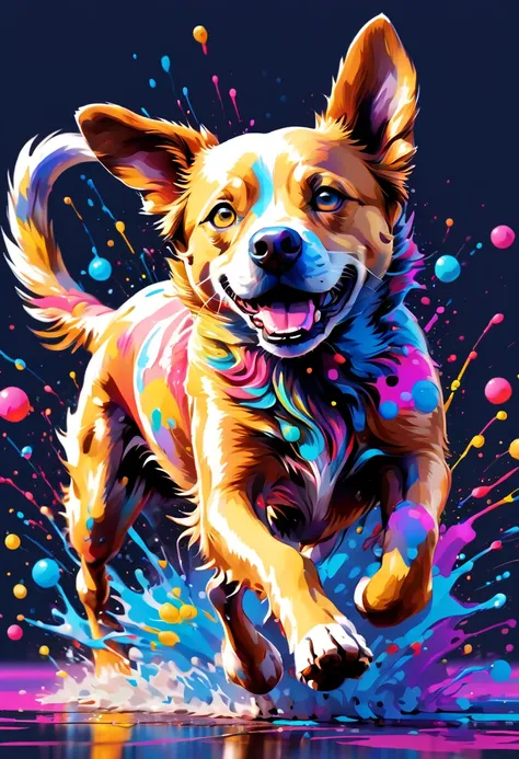 dog running, Colorful ink on the ground splashing, ink splatter Art splashes, from side, shiny skin, ultra detailed, eyes, Reflection bubbles, absurdres, masterpiece, best quality, high quality