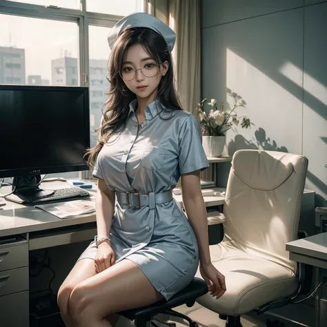 masterpiece, best quality, 1 Koreana girl with gray hair and blue eyes, wearing large, round, clear glasses, delicately sits at a desk in a hospital, gorgeous masterpiece of a nurse, beautifully detailed uniform, finely detailed uniform texture pokes throu...