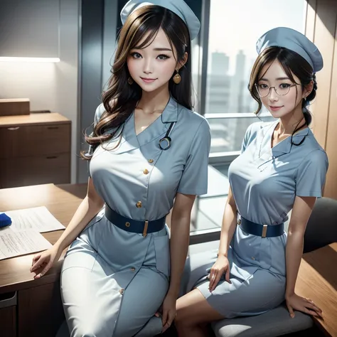 masterpiece, best quality, 1 Koreana girl with gray hair and blue eyes, wearing large, round, clear glasses, delicately sits at a desk in a hospital, gorgeous masterpiece of a nurse, beautifully detailed uniform, finely detailed uniform texture pokes throu...