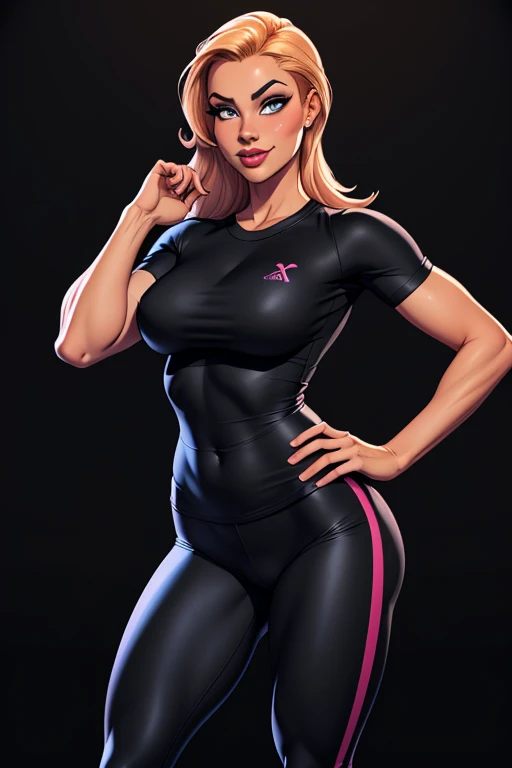 (cartoon style:1.2), Drawings of ([Sports Woman]), wearing black T-shirt, Tight Pants, perfect eyes, detailed face, black background, fun posing, flirty look, Centered, scale to fit the dimensions