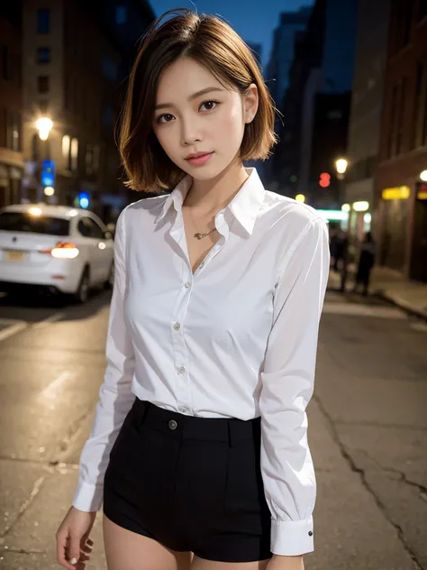 ((top quality, 8k, masterpiece: 1.3, raw photo)), Sharp Focus: 1.2, (SOLO), (1 aespa girl: 1.2), (Realistic, Photorealistic: 1.37), (face focus: 1.1), cute face, small breasts, flat chest, short messy hair, (business shirt: 1.1), Beautiful Woman standing t...