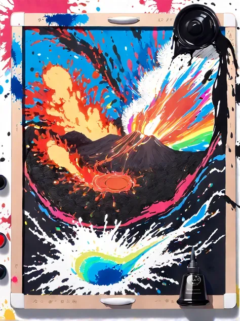 Whimsical vibe，an underwater world，((Undersea volcano eruption on 1 drawing board with magma and lava splashes made of ink:1.6))，((ink pigment，Strong splash of colored ink:1.6))，(在画布和火山上有更多的ink splatter effect:1.6)，(Character covered in ink liquid splatter...