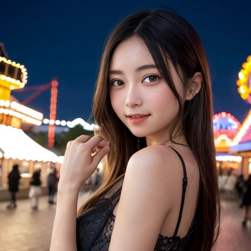 masterpiece, best quality, 1 girl, blush, amusement park, at night, (deep shadow,low key, cold light:1.1),detailed background, from side,