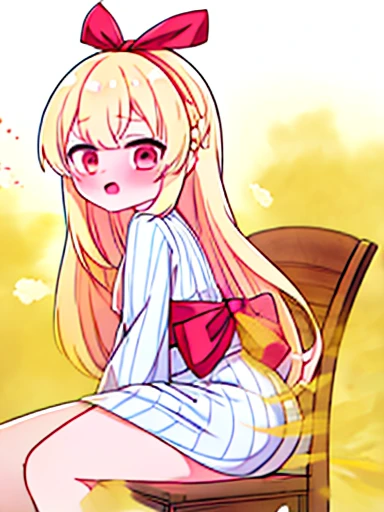 1 girl、Nodoka(Buruaca)、8K、must-have、anime、fart、blush、lots of yellow gas、Yellow gas comes out from the butt、animeチック、Gray yukata、red eyes、long hair、Gentle Pose、blonde、Hip Attack、stick out your butt、open your mouth、shyness、sit on a chair