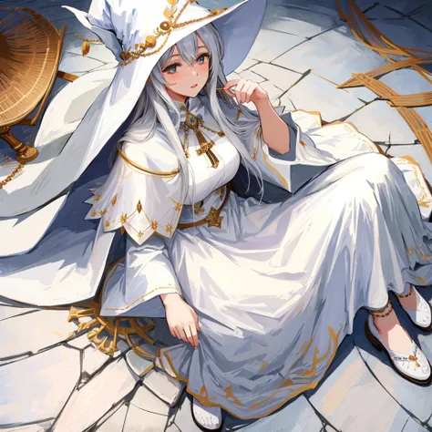 1 girl, mature woman, masterpiece, spouse, goddess,White Witch Hat,sitting