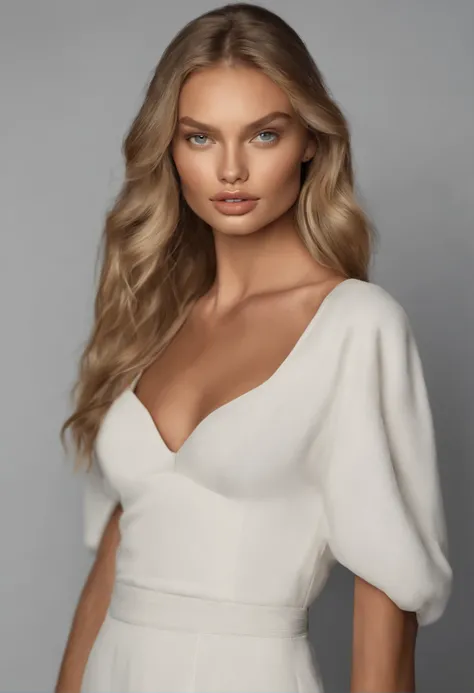 Very detailed photo full of body of a young, beautiful girl of 25 years.  Portrait on a white background. She looks like Romee Strijd plus Candice Swanepoel. Also  she has some characteristics of a Ukrainian woman, has plump juicy lips, detailed eyes, deta...