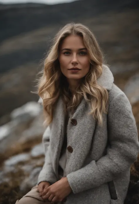 Фото raw sony a7iii 85mm, 1.2. 4000×6000. A photo of a tall girl from the back on a photo of the mountains of Norway, a girl in a short sheepskin coat from the 2022 collection and a warm gray scarf, tall, Athletic figure. Short dark brown boots and long gr...