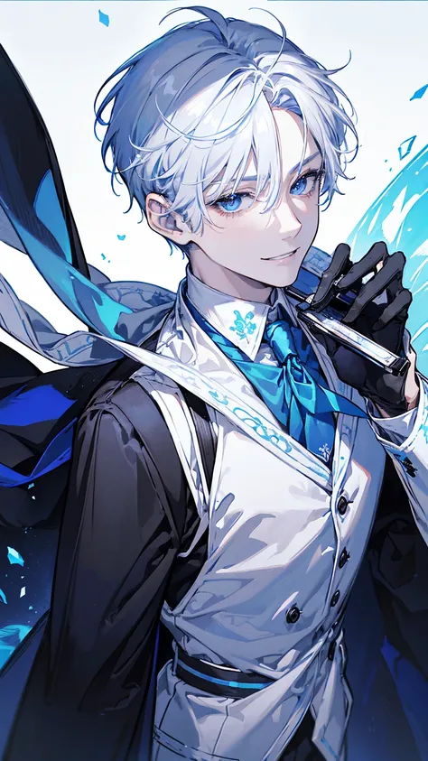 1young man,solo, male photo,confident smile, silver hair, ((short hair)), (short sideburns),light blue eyes, slant eyes,anatomically correct,blue ribbon tie,((black gloves)),((white cloak)),black suit,beautiful japanese style background,best quality, high ...