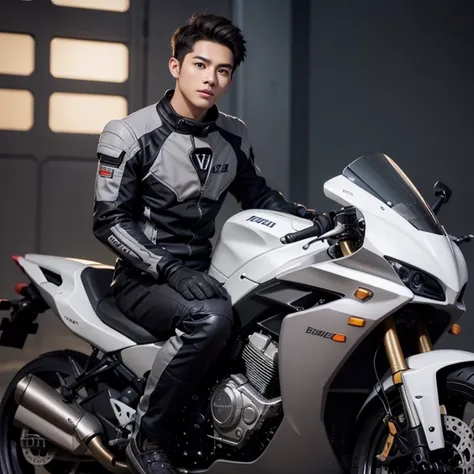 fking_scifi, black pilot suit with yellow accents, brown hair (gray eyes: 1.35), Thai guy, handsome teenager, rides a cool motorcycle, bokeh, mass effect, long distance, fullbody image fking_cinema_v2