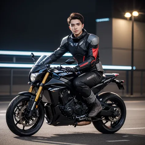 fking_scifi, black pilot suit with yellow accents, brown hair (gray eyes: 1.35), Thai guy, handsome teenager, rides a cool motorcycle, bokeh, mass effect, long distance, fullbody image fking_cinema_v2