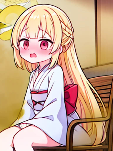 1 girl、Nodoka(Buruaca)、8K、must-have、anime、fart、blush、lots of yellow gas、Yellow gas comes out from the butt、animeチック、Gray yukata、red eyes、long hair、Gentle Pose、blonde、Hip Attack、open your mouth、feel shy、sit on a chair、Japanese style room、panic、the girl has ...