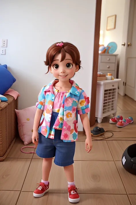 beautiful and happy 2-year-old girl, wearing a colorful blue blouse, with pink shoes, brown hair and almond-shaped eyes