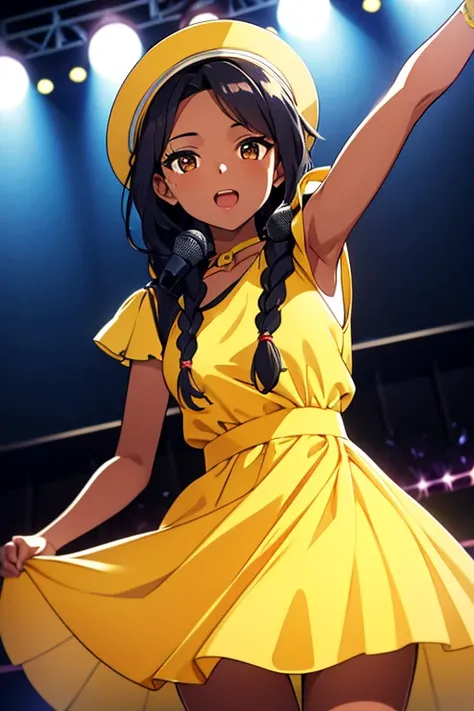 Low, dark-skinned girl with black braided hair, Brown eyes, in a yellow and white dress, sings on stage with a microphone