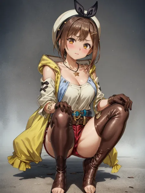 (Squat down and spread your legs:1.3), riser, 1 girl, ((blush:1.2)), alone, shorts, gloves, belt bag, head ribbon, jewelry, 赤いshorts, brown hair, thighs thighs thighs, short shorts, bridal legwear, necklace, brown eyes, single glove, hair ornaments, Barret...