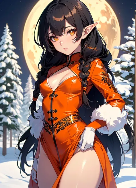 cute  elf,(((little ,tiny little body,little))),(((6 years old))),((anime elf  with extremely cute and beautiful orange hair)), (((elf))), (((elf ears))),

(((flat chest))),((((black hair:1.35,messy orange hair,long hair,huge braids,colored inner hair,ear ...