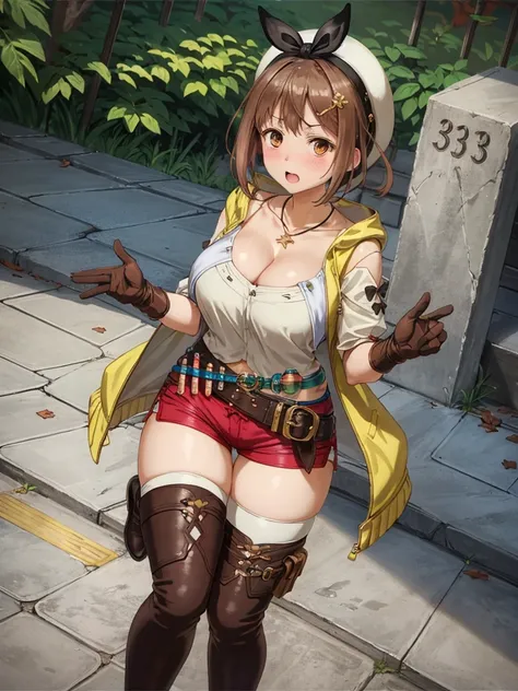 (weakened body:1.2), open your mouth wide, Open your eyes wide, ((blush:1.2)), riser, 1 girl, ((blush:1.2)), alone, shorts, gloves, belt bag, head ribbon, jewelry, 赤いshorts, brown hair, thighs thighs thighs, short shorts, bridal legwear, necklace, brown ey...