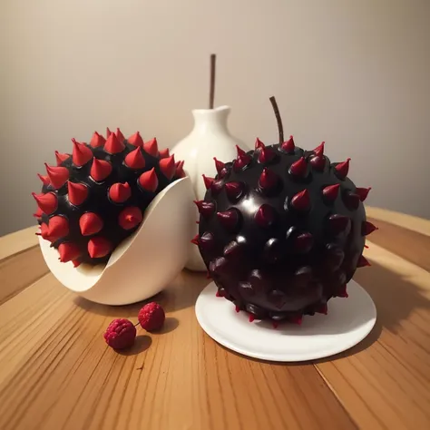 Black fruit vidi ball with red spines, curled ends and white stem 