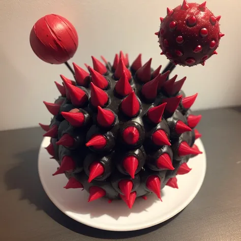 Black fruit vidi ball with red spines, curled ends and white stem 