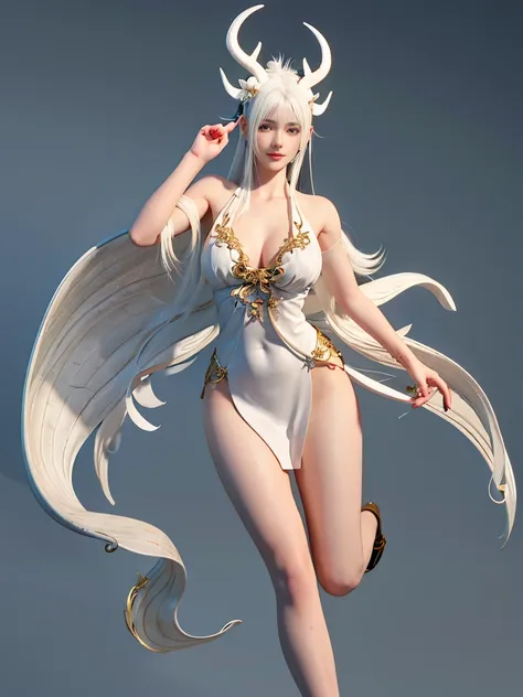 Close-up of a woman with white hair and stunning face，White-haired God，huge ，epic beautiful characters，Amazing goddess，long legs，Yuzu控，nipple，whole body，horns on head，鳞片布满whole body，Wings are born on the back，Dragon Queen，dragon girl，no clothes，上半身no cloth...