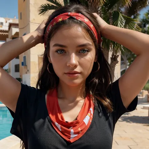 Albanian, girl, brown hair, blue eyes, short black top, Ibiza, sun gazing, modern apparel, glowing eyes, jogging,red bandana on her head, panoramic view 