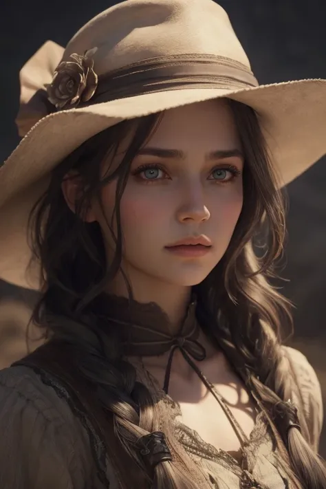 1 Ultra realistic girl in Old West clothing, fantasy art, realistic, dynamic lighting, art station, highly detailed face, hair, iridescent, 4K, award winning.