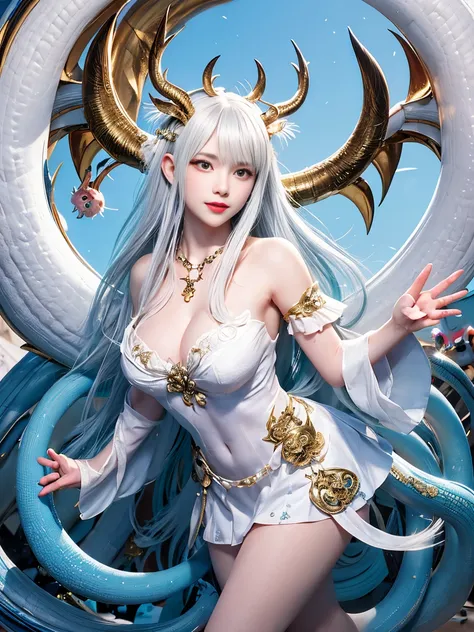 Close-up of a woman with white hair and stunning face，White-haired God，huge ，epic beautiful characters，Amazing goddess，long legs，Yuzu控，nipple，whole body，horns on head，鳞片布满whole body，Wings are born on the back，Dragon Queen，dragon girl，no clothes，上半身no cloth...