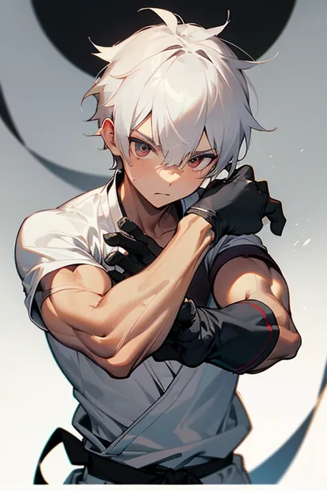 light gray hair color, martial arts teen boy, (Meticulous muscle detail:1.2), smooth skin,(anatomically correct:1.2), Challenging eyes,(Tattered white short-sleeved shirt:1.2),White Hachimaki, Innocent look ,(Rin々Shibi:1.2)