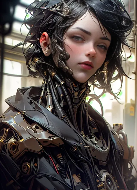 Top Quality, Masterpiece, Ultra High Resolution, ((Photorealistic: 1.4), Raw Photo, 1 cyberpunk android Girl, ((portrait)), Glossy Skin, (Ultra Realistic Details)), mechanical limbs, tubes connected to the mechanical parts, mechanical vertebrae attached to...